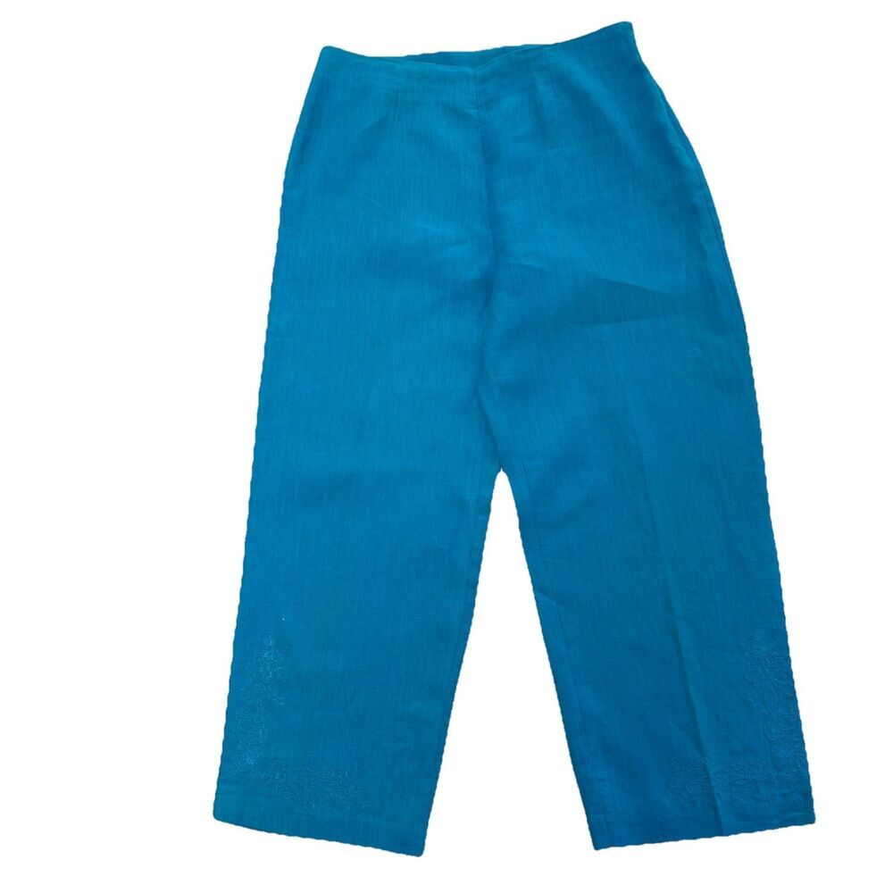 Ecologie Linen Cropped Pants Wide Leg Size 10 Lagenlook Embroidered Summer - Picture 2 of 9